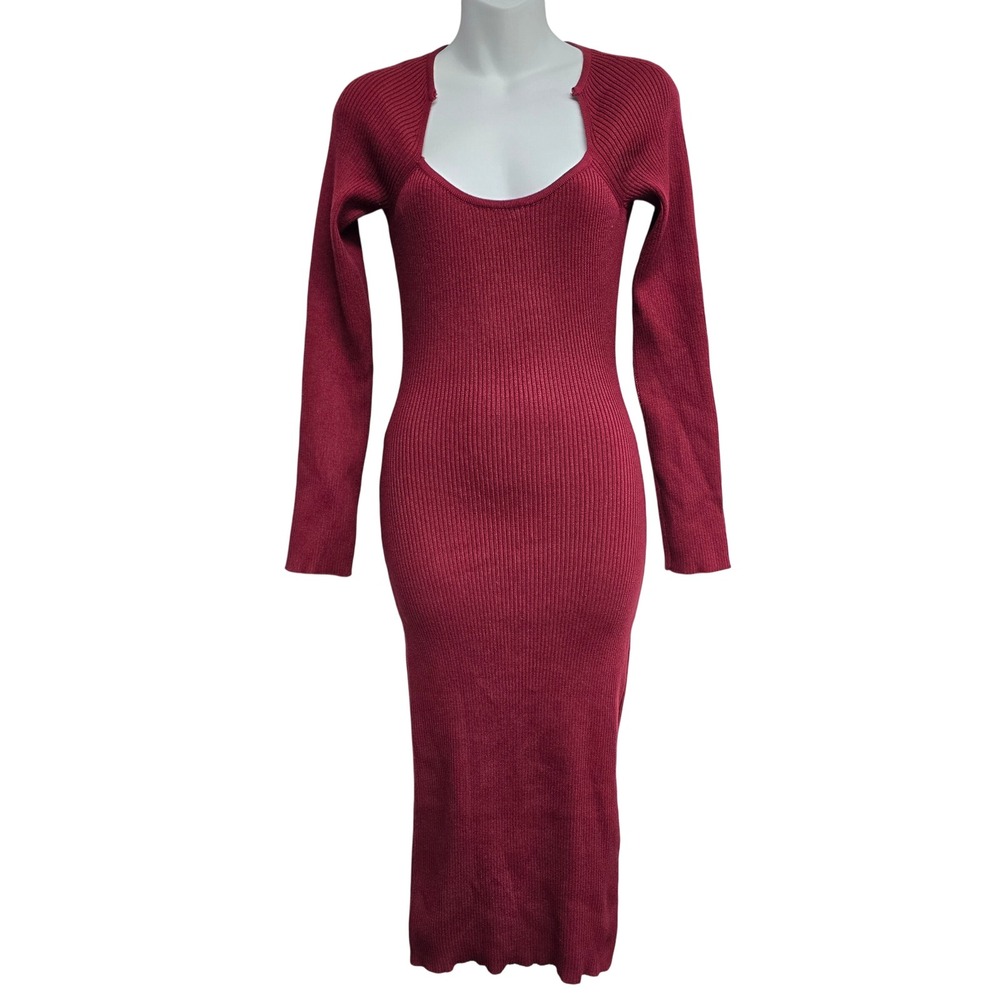 Free‎ For All Burgundy Ribbed Knit Long Sleeve Scoop Neck Midi Dress Medium